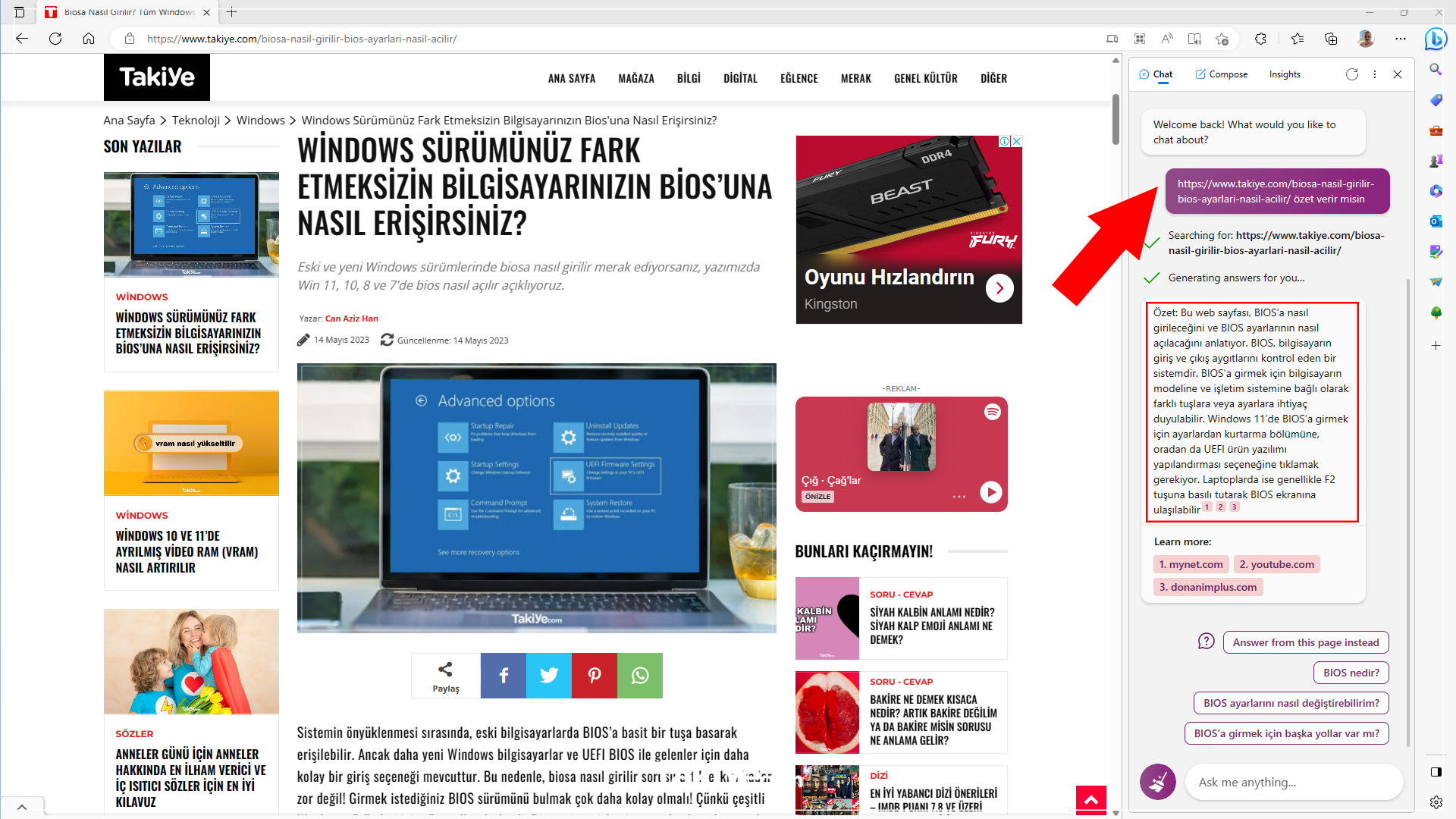 Bing AI Kenar Çubuğu (SideBar) Nasıl Kullanılır - Takiye.com
