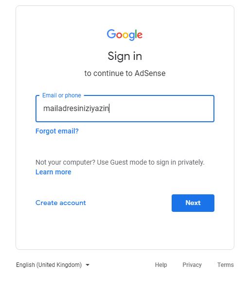 adsense hesabı açmak için gmail girişi