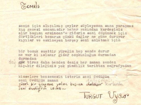 Turgut Uyar'ın Tomris Uyar'a Şiiri