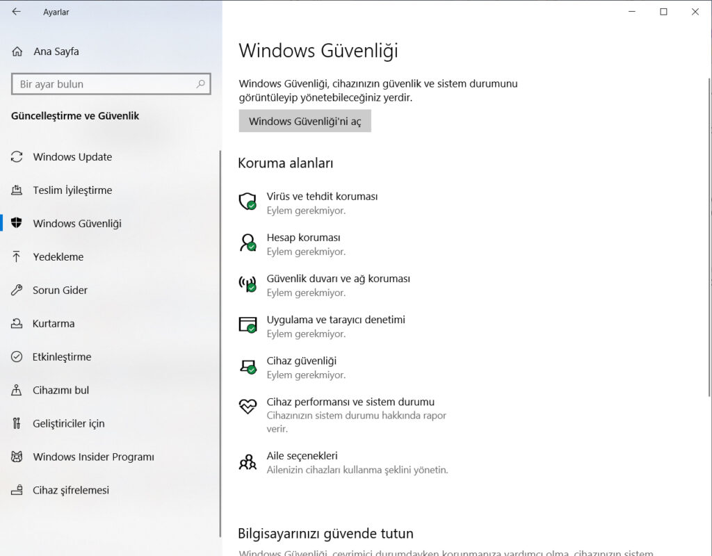 windows 10 güvenlik ayarları nasıl yapılır